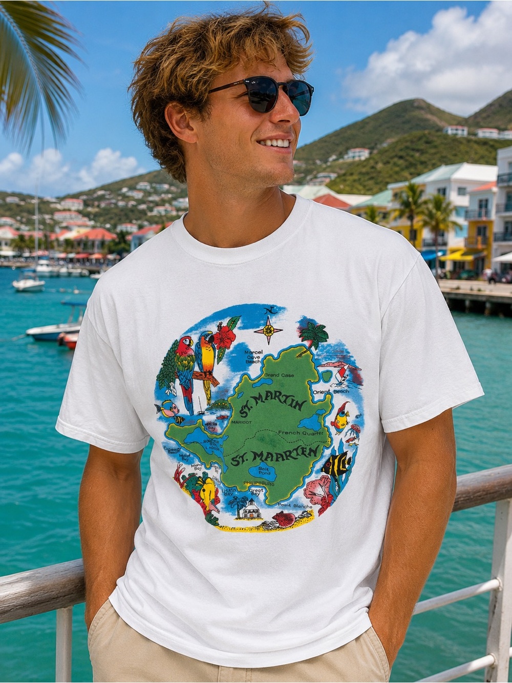 Vintage St. Martin St. Maarten Tourist Map Graphic T-Shirt White Tee Size Large